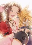  1boy 1girl aerith_gainsborough aqua_eyes arm_around_neck armor bangle bangs blonde_hair blue_shirt blush bracelet braid braided_ponytail breasts brown_hair cat_princess choker cleavage closed_eyes cloud_strife couple curly_hair dress final_fantasy final_fantasy_vii final_fantasy_vii_remake flower flower_choker hair_ribbon holding holding_flower jacket jewelry long_hair looking_at_another medium_breasts open_mouth parted_bangs pink_dress red_jacket ribbon shirt short_hair shoulder_armor sidelocks sleeveless sleeveless_turtleneck smile spiked_hair teeth turtleneck upper_body upper_teeth white_background white_flower yellow_flower 
