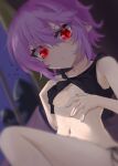  1girl :&lt; akisome_hatsuka alternate_costume bangs bat black_shirt blurry breasts closed_mouth clothes_lift depth_of_field frown indoors lifted_by_self looking_at_viewer midriff pointy_ears purple_hair red_eyes remilia_scarlet shirt shirt_lift short_hair small_breasts solo stomach touhou v-shaped_eyebrows window 