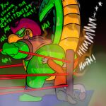 1:1 2024 absurd_res alligator alligatorid anthro big_butt bodily_fluids bottomwear bottomwear_down brok_(brok_the_investigator) brok_the_investigator butt clothed clothing crocodilian domestic_cat duo english_text felid feline felis fighting_ring graff_filsh green_body grey_body hat headgear headwear hi_res male mammal musk overweight overweight_male pants pants_down partially_clothed r4c00n reptile scalie size_difference stinkface sweat text
