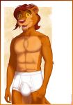 anthro associated_student_bodies briefs briefs_only brown_eyes brown_hair bulge clothed clothing daniel_king detailed_background felid hair hi_res high-rise_briefs kcee lion male mammal navel pantherine pink_nose skinny_male smile solo tighty_whities topless underwear underwear_only white_briefs white_clothing white_underwear yellow_sclera