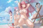  4girls adjusting_hair alternate_costume alternate_hairstyle armpits arms_behind_head arms_up aru_(blue_archive) ball bare_back bare_shoulders barefoot beach beach_umbrella beachball bikini black_hair blue_archive blue_sky blush breasts cleavage commentary_request crab dema_hmw demon_girl demon_horns feet front-tie_bikini_top front-tie_top grey_hair hair_between_eyes hair_ornament hairband halo haruka_(blue_archive) horns kayoko_(blue_archive) large_breasts legs long_hair looking_at_viewer medium_breasts multicolored_hair multiple_girls mutsuki_(blue_archive) navel ocean open_mouth outdoors petite pink_hair problem_solver_68_(blue_archive) purple_eyes purple_hair red_eyes revision sandals shore sideboob sky small_breasts smile spaghetti_strap squatting stomach swimsuit thighs toenails toes twintails two-tone_hair umbrella underboob untied_bikini untying very_long_hair white_bikini white_hair yellow_eyes 