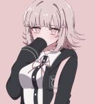  1girl breasts brown_hair chi_gu collared_shirt danganronpa_(series) danganronpa_2:_goodbye_despair flipped_hair galaga hair_ornament highres hood jacket long_sleeves looking_at_viewer medium_hair nanami_chiaki neck_ribbon open_clothes open_jacket pink_eyes pink_ribbon ribbon shirt solo two-tone_shirt white_shirt 