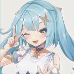  1girl ;d aqua_eyes aqua_hair bare_shoulders faruzan_(genshin_impact) genshin_impact long_hair looking_at_viewer lowres one_eye_closed open_mouth short_sleeves smile solo twintails upper_body ura_(hamburg_oniku) 