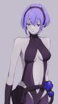  1girl arms_at_sides bodysuit breasts breasts_apart citron80citron fate/grand_order fate_(series) flower gloves grey_background groin_tendon hair_between_eyes hassan_of_serenity_(fate) headband highres looking_to_the_side medium_breasts navel pouch purple_hair short_hair solo 