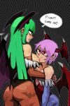  2girls 33dot absurdres ass bat_wings breast_sucking breastfeeding breasts demon_girl english_commentary english_text flat_chest green_eyes green_hair head_wings highres large_breasts leotard lilith_aensland long_hair looking_at_another morrigan_aensland multiple_girls purple_hair red_eyes short_hair speech_bubble vampire_(game) wings 