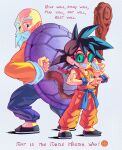  2boys absurdres age_difference arm_behind_back arnaud_tegny back-to-back bald beard big_nose black_eyes black_footwear black_hair blue_sash blue_wristband cane cheekbones child chinese_clothes clenched_hands clenched_teeth closed_mouth clothes_writing collarbone commentary dougi dragon_ball dragon_ball_(classic) dragon_ball_(object) english_commentary english_text expressionless facial_hair fist_bump flats full_body green-tinted_eyewear grin half-closed_eyes height_difference highres holding holding_cane legs_apart long_sleeves looking_at_viewer looking_back male_focus monkey_tail multiple_boys muscular muscular_child mustache muten_roushi obi old old_man orange_pants orange_shirt pants purple_pants red-framed_eyewear ruyi_jingu_bang sash shadow sheath sheathed shirt shoes sidelighting simple_background smile son_goku source_quote spiked_hair standing sunglasses tail tareme teeth text_focus thick_eyebrows tinted_eyewear turtle_shell weapon white_background wrinkled_skin wristband 