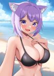  1girl 9696k absurdres ahoge animal_ear_fluff animal_ears beach bikini black_bikini blue_sky blush breasts cat_ears cat_girl cleavage cloud fang front-tie_bikini_top front-tie_top hand_on_own_chest highres hololive large_breasts looking_at_viewer medium_hair nekomata_okayu open_mouth purple_eyes purple_hair sand sky smile solo swimsuit virtual_youtuber water 