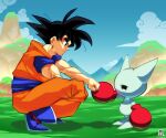  absurdres black_hair blue_footwear blue_sash blue_shirt boots boxing_gloves clenched_hand creature dougi dragon_ball dragon_ball_z fist_bump highres orange_pants orange_shirt original pants rikoandtako sash shirt short_sleeves sleeveless sleeveless_shirt son_goku spiked_hair 