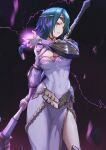  1girl absurdres axe braid braided_ponytail breasts circlet covered_navel fire_emblem fire_emblem_heroes green_hair highres holding holding_axe large_breasts purple_eyes solo thorr_(fire_emblem) upper_body yasu_(segawahiroyasu) 