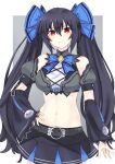  1girl bare_shoulders black_hair bow bowtie breasts crop_top cross-laced_clothes detached_sleeves hair_between_eyes hair_bow hand_on_hip highres kami_jigen_game_neptune_v long_hair looking_at_viewer medium_breasts navel neptune_(series) noire_(neptune_series) paid_reward_available pleated_skirt puffy_sleeves red_eyes serious skirt sleeves_past_wrists twintails very_long_hair wide_sleeves zatsu 