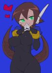  1girl absurdres aile_(mega_man_zx) black_bodysuit blue_background blue_jacket blush bodysuit bodysuit_under_clothes breasts brown_hair buzzlyears commentary covered_collarbone covered_navel covered_nipples cropped_jacket fang glowing green_eyes heart highres jacket long_hair looking_at_viewer medium_breasts mega_man_(series) mega_man_zx mega_man_zx_advent no_pants open_clothes open_jacket ponytail robot_ears simple_background smile 