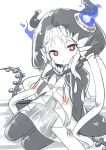  1girl abyssal_ship black_pantyhose colored_skin dress grey_dress hat horns kantai_collection looking_at_viewer nassukun new_mass-produced_aircraft_carrier_princess pantyhose parted_lips red_eyes simple_background sitting solo tail tentacles white_hair white_skin 