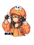  1girl black_gloves blush brown_hair cabbie_hat character_name ebi_pri_shrimp fingerless_gloves gloves guilty_gear guilty_gear_strive hat hat_ornament hood hoodie long_sleeves looking_at_viewer may_(guilty_gear) orange_eyes orange_headwear orange_hoodie skull_and_crossbones skull_hat_ornament smile upper_body 