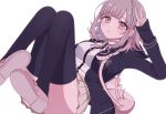  1girl absurdres backpack bag breasts brown_hair brown_skirt chi_gu collared_shirt danganronpa_(series) danganronpa_2:_goodbye_despair flipped_hair galaga hair_ornament highres hood jacket long_sleeves looking_at_viewer medium_hair nanami_chiaki neck_ribbon open_clothes open_jacket pink_bag pink_eyes pink_ribbon pleated_skirt ribbon shirt skirt solo thighhighs two-tone_shirt white_shirt 