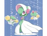  artist_name blue_background closed_eyes colored_skin dress flower gardevoir gardevoir_(fashionable) green_hair hat hat_flower heart kirlia looking_at_viewer multicolored_skin pink_eyes pokemon pokemon_(creature) pom_pom_(cheerleading) ralts smile two-tone_skin white_dress white_headwear white_skin yuki_min_30 