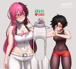  2girls belt black_hair blush bodystocking breasts brown_eyes brown_hair cleavage closed_eyes covered_navel cslucaris gradient_hair hair_between_eyes heterochromia highres holding_clothes_hanger large_breasts long_hair meme_attire multicolored_hair multiple_girls neo_politan pants pink_eyes pink_hair red_hair red_shorts ruby_rose rwby short_hair short_shorts shorts split-color_hair two-tone_hair virgin_destroyer_sweater white_belt white_pants 