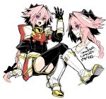  1boy arm_support arm_up armored_skirt astolfo_(fate) black_bow black_shirt black_thighhighs boots bow braid collarbone fang fate/apocrypha fate/grand_order fate_(series) full_body garter_straps gauntlets gorget hair_bow hair_intakes haoro highres light_blush long_braid long_hair male_focus multicolored_hair multiple_views no_cape open_hand open_mouth otoko_no_ko pink_hair portrait purple_eyes shirt shoulder_pads simple_background single_braid sitting skin_fang smile solo streaked_hair t-shirt thighhighs thighs two-tone_hair very_long_hair white_background white_footwear white_hair white_shirt zettai_ryouiki 