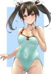  1girl alternate_costume ass_visible_through_thighs bare_shoulders blue_swimsuit breasts collarbone dark_green_hair hair_ribbon kantai_collection ld_(luna_dial398) long_hair looking_at_viewer one-piece_swimsuit pout ribbon small_breasts solo swimsuit twintails white_ribbon yellow_eyes zuikaku_(kancolle) 