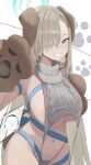  1boy 1girl absurdres animal_ears animal_hands asuna_(blue_archive) blue_archive blue_eyes blue_halo blush breasts brown_gloves dog_ears dog_paws doodle_sensei_(blue_archive) edible_sus fake_animal_ears gloves grey_panties grin hair_over_one_eye halo highres huge_breasts light_brown_hair long_hair navel panties paw_gloves sensei_(blue_archive) sideboob smile underwear 