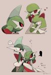  ... ? a-nya artist_name blush closed_eyes gallade gardevoir green_hair highres holding_another&#039;s_arm iron_valiant kirlia open_mouth pokemon pokemon_(creature) red_eyes robot simple_background smile twintails 