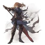  1boy 700hash absurdres armor artist_name black_armor black_cape brown_hair cape closed_mouth gauntlets granblue_fantasy highres holding holding_weapon long_hair male_focus siegfried_(granblue_fantasy) simple_background solo sword torn_cape torn_clothes weapon white_background 