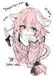  +++ 1boy :3 animal_ears artist_name astolfo_(fate) black_bow blush bow braid cat_boy cat_ears cat_tail collarbone eyelashes fang fate/grand_order fate_(series) hair_between_eyes hair_bow hair_intakes hand_up heart heart-shaped_pupils long_braid long_hair male_focus matori_(penguin_batake) monochrome multicolored_hair otoko_no_ko paw_pose pink_eyes pink_hair pink_sweater simple_background single_braid sketch skin_fang smile solo streaked_hair sweater symbol-shaped_pupils tail tail_bow tail_ornament twitter_username two-tone_hair upper_body white_background white_hair 