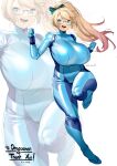  blonde_hair blue_bodysuit blue_eyes bodysuit breasts cosplay curvy full_body highres huge_breasts lulu-chan92 metroid open_mouth original ponytail samus_aran samus_aran_(cosplay) solo thighs wide_hips zero_suit 