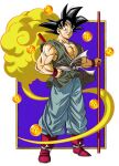  1boy blue_background blue_pants dragon_ball dragon_ball_(object) dragon_ball_z english_commentary flying_nimbus green_tunic highres holding holding_staff pants ruyi_jingu_bang sekitsuki_hayato smile solo son_goku spiked_hair staff star_(symbol) toriyama_akira_(style) 