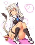  1girl animal_ears bell black_socks blue_eyes cat_ears cat_girl cat_tail closed_mouth commentary cougar_(cougar1404) frown grey_hair head_tilt heterochromia jacket jingle_bell light_frown long_hair long_sleeves looking_at_viewer no_pants original panties shoes silui_(cougar1404) sitting socks solo tail tan thigh_strap underwear white_footwear white_jacket white_panties yellow_eyes 