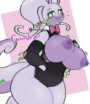 anthro arm_warmers armwear big_breasts bouncing_breasts bow_tie breasts clothing curvy_figure exposed_breasts female generation_6_pokemon goodra green_eyes hi_res huge_breasts leotard nintendo pokemon pokemon_(species) purple_body smile snow_angel_(artist) solo thick_thighs voluptuous_anthro voluptuous_female wide_hips