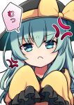  1girl :&lt; alternate_hair_length alternate_hairstyle anger_vein angry black_headwear bow close-up closed_mouth commentary_request frilled_sleeves frills frown green_eyes green_hair hair_between_eyes hands_up hat hat_bow highres komeiji_koishi long_hair looking_at_viewer partial_commentary pout rpameri shirt simple_background sleeves_past_fingers sleeves_past_wrists solo speech_bubble straight-on touhou translated v-shaped_eyebrows white_background wide_sleeves yellow_bow yellow_shirt 