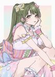  1girl arm_garter asymmetrical_legwear blush bow bracelet detached_collar dress feet_out_of_frame green_eyes green_hair hand_on_own_cheek hand_on_own_face highres idolmaster idolmaster_shiny_colors jewelry looking_at_viewer mismatched_legwear nanakusa_nichika ne_mu_ko05 sleeveless sleeveless_dress solo squatting striped_bow twintails vertical-striped_bow 