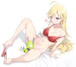  1girl absurdres ahoge bangs barefoot blonde_hair blue_eyes blush bra breasts chuck_(psg) cleavage cloba commentary dog feet grin highres large_breasts leaning_back long_hair looking_at_viewer navel panties panties_removed panty_&amp;_stocking_with_garterbelt panty_(psg) parted_lips red_bra sitting smile thighs toes underwear white_background 