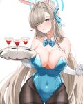  1girl absurdres animal_ears asuna_(blue_archive) asuna_(bunny)_(blue_archive) black_pantyhose blue_archive blue_eyes blue_leotard bow bowtie breasts cleavage cocktail_glass collar cup drinking_glass gloves grey_hair halo heart highres large_breasts leotard light_blush long_hair looking_at_viewer mikkom navel official_alternate_costume pantyhose playboy_bunny rabbit_ears simple_background skin_tight skindentation smile solo thigh_gap thighs tray tsurime white_background white_gloves 