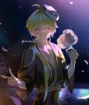  1boy aether_(genshin_impact) ahoge alternate_costume alternate_hairstyle artist_name belt black_kimono black_sky blonde_hair blush closed_eyes collarbone cotton_candy earrings fingernails food fox_mask genshin_impact hair_between_eyes hands_up highres hikarusorano holding holding_food japanese_clothes jewelry kimono long_hair long_sleeves male_focus mask mask_on_head night night_sky outdoors petals ponytail single_earring sky smile solo standing star_(sky) starry_sky striped_clothes striped_kimono teeth v vertical-striped_clothes vertical-striped_kimono white_mask wide_sleeves yellow_belt 