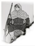  1boy absurdres ammunition_pouch belt boots buttons cloak closed_mouth facial_hair full_body gloves goatee golden_kamuy greyscale gun highres hood hooded_cloak jacket legs_apart looking_at_viewer male_focus military_uniform monochrome ogata_hyakunosuke onedudu6 pants pouch rifle rock short_hair sitting smile solo uniform weapon 