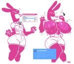 2024 anthro big_breasts blush bodily_fluids bottomwear breast_expansion breasts claws clothing english_text expansion eyes_closed female finger_claws huge_breasts lagomorph lagomorph_nose leporid long_ears mammal mouse_cursor pink_body pomegraniter rabbit shorts signature simple_background solo sound_effects sweat sweatdrop sweatdrop_(iconography) sweaty_breasts text torn_clothing user_interface white_background wide_hips zipper