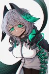  1girl absurdres aqua_eyes arknights breasts dryegen grey_hair highres ho&#039;olheyak_(arknights) large_breasts long_coat looking_at_viewer short_hair snake_tail solo tail 