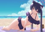  1girl absurdres animal_ear_fluff animal_ears bangs bare_shoulders beach blue_archive blush cat_ears collarbone halo highres kakimoto_nao long_hair looking_at_viewer lying ocean on_side outdoors parted_lips red_eyes serika_(blue_archive) solo swimsuit thighs twintails water 