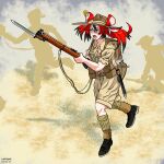  1girl animal_ears bayonet belt black_hair blue_eyes bolt_action boots brown_footwear dated dust_cloud english_commentary full_body gun hair_ornament hakos_baelz hat highres holding holding_gun holding_weapon hololive hololive_english lee-enfield long_hair long_sleeves lurkatwurk military military_uniform mouse_ears mouse_girl mousetrap multicolored_hair open_mouth pouch red_hair rifle running scabbard sharp_teeth sheath shirt shoes signature silhouette smle socks solo standing streaked_hair teeth twintails uniform virtual_youtuber weapon white_hair world_war_i 
