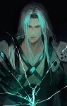  1boy absurdres armor black_background black_coat black_gloves chest_strap coat commentary_request final_fantasy final_fantasy_vii final_fantasy_vii_rebirth final_fantasy_vii_remake gloves green_eyes grey_hair highres long_hair looking_at_viewer male_focus open_hand parted_bangs parted_lips riri0114 sephiroth shoulder_armor solo upper_body 