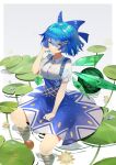  1girl absurdres blue_bow blue_eyes blue_hair bow cirno feishi flower food fruit highres ice ice_wings looking_at_viewer lotus short_hair skirt solo summer suspender_skirt suspenders touhou water watermelon wings 