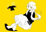  1girl full_body long_hair long_skirt long_sleeves low_twintails maco22 monochrome original parted_lips shirt skirt slippers socks solo spot_color twintails yellow_background 