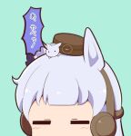  ._. 1girl animal_ears animal_on_head blue_background blush_stickers bow brown_hat chibi closed_eyes ear_bow ear_covers gold_ship_(racehorse) gold_ship_(umamusume) gomashio_(goma_feet) hat horse horse_ears mini_hat minimized on_head purple_bow simple_background translation_request umamusume 