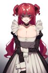  1girl 2l_(2lsize) absurdres bangs black_gloves breasts choker cleavage clenched_teeth frills gloves gradient gradient_background highres long_hair looking_at_viewer maid original purple_eyes red_hair shaded_face solo teeth two_side_up 