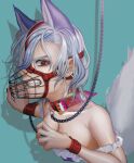  angry animal_collar animal_ears bare_shoulders blue_background breasts chain chain_leash claw_pose cleavage collar collarbone commentary_request cropped_torso cuffs dog_ears dog_tail fingernails fox_tail frilled_shirt frills grey_hair grin highres leash medium_breasts mitsugashira_enoko multicolored_hair muzzle nail_polish off-shoulder_shirt off_shoulder purple_hair purple_shirt red_collar red_eyes red_nails shackles shadow shirt smile tail touhou upper_body user_pmup2577 v-shaped_eyebrows 