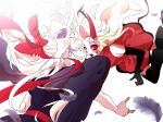  2girls a0415koso angel black_bodysuit blonde_hair bodysuit charlie_morningstar demon_girl dress elbow_gloves fingerless_gloves floating_hair gloves hair_ribbon hazbin_hotel highres looking_at_another multiple_girls red_dress ribbon vaggie 