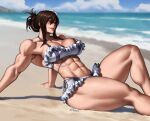 1girl abs alternate_body_size beach bikini blue_sky breasts brown_hair cloud cloudy_sky final_fantasy final_fantasy_vii final_fantasy_vii_remake hill large_breasts leaning_back mootium muscular muscular_female ocean red_eyes sand signature sitting sky smile solo swimsuit thick_thighs thighs tifa_lockhart tifa_lockhart_(shining_spirit) 