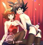  2boys animal_ears ass back bishounen black_hair blue_dress blush bow bowtie brown_hair confetti dated dress english_text feet_out_of_frame fishnet_thighhighs fishnets frown hand_on_another&#039;s_shoulder happy_birthday highres looking_at_viewer male_focus manjoume_jun medium_hair multiple_boys orange_eyes pectoral_cleavage pectorals rabbit_boy rabbit_ears rabbit_tail red_bow red_bowtie red_curtains red_dress sk816 sweatdrop tail thighhighs white_bracelet yu-gi-oh! yu-gi-oh!_gx yuki_judai 