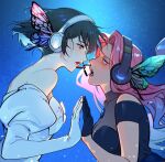  2girls absurdres alien_stage bare_shoulders black_dress black_hair blue_background breasts butterfly_hair_ornament butterfly_wings cleavage collaboration dress elbow_gloves eye_contact eyelashes face-to-face facial_mark floating_hair forehead_mark from_side gloves gwem hair_ornament hairband hand_up headphones headset highres imminent_kiss insect_wings jewelry leaning_forward light_particles long_hair looking_at_another magnet_(vocaloid) mizi_(alien_stage) multiple_girls open_mouth pale_skin palms_together panther-fam parody parted_bangs pink_hair profile see-through short_hair short_sleeves strapless sua_(alien_stage) transparent_wings twitter_username upper_body white_gloves wings yellow_eyes yuri 